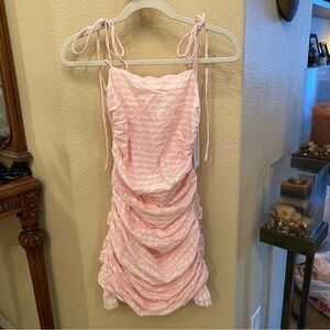 NWT~LOVERS + FRIENDS Valentine Pink Striped Amy Mini Ruch Ruffled Dress Size XS